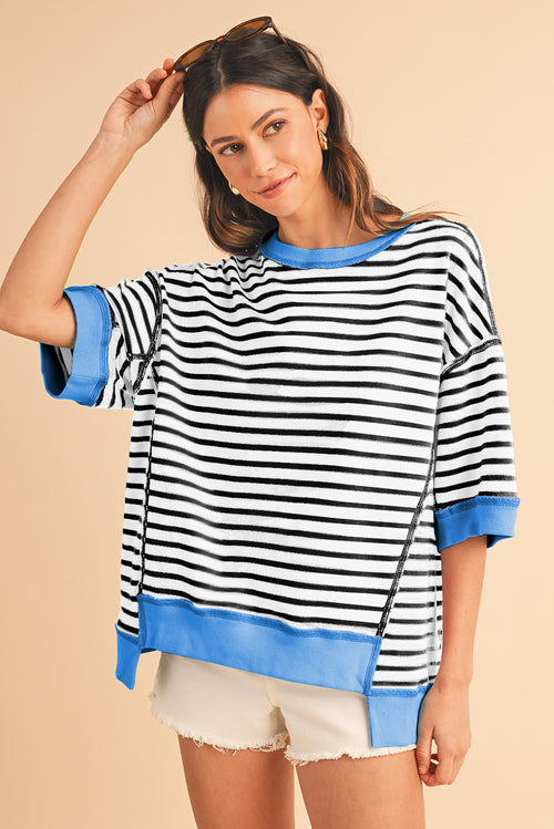 Sky Blue Stripe Contrast Drop Sleeve Loose