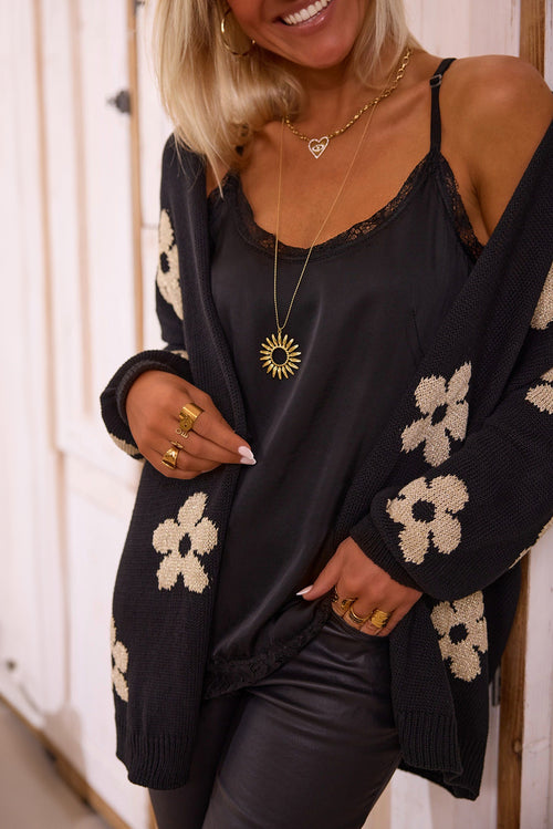 Black 60s Vintage Flower Drop Shoulder Cardigan