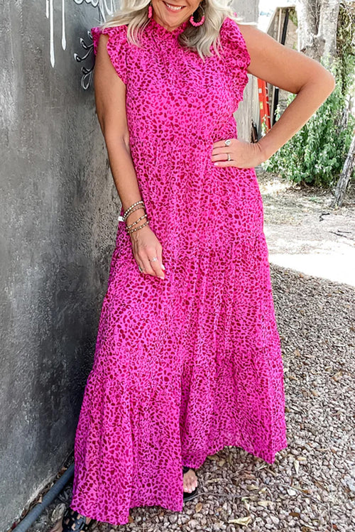 Rose Red Leopard Print Ruffle Sleeveless Maxi