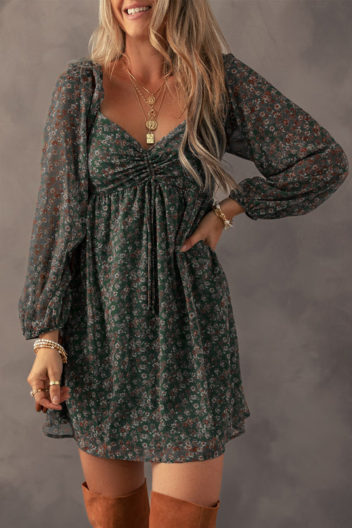 Green Floral Print Sweetheart Neck Shirred Back Mini