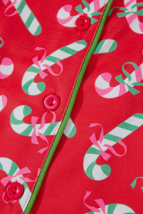 Candy Cane Print Pocketed Knotted Pajama Set