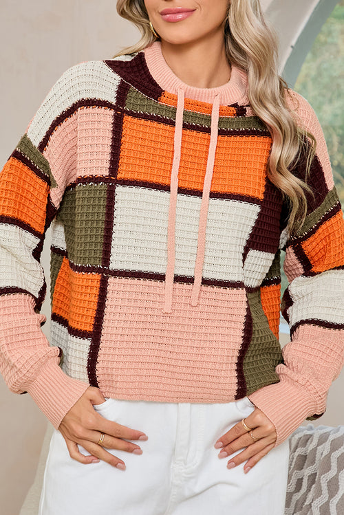 Orange Color Block Waffle Knit Drawstring Mock Neck Sweater