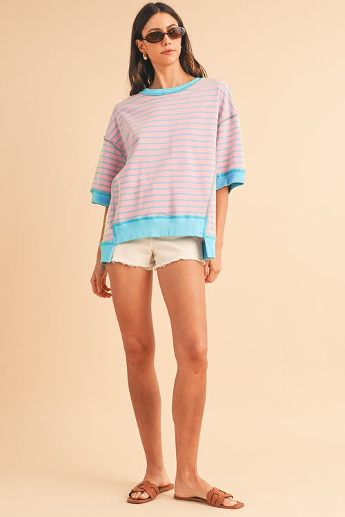 Sky Blue Stripe Contrast Drop Sleeve Loose