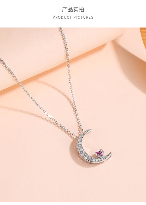 Creative Gift Moon Love Necklace Double Chain Layered 925 Sterling Silver Cute Classic Moon Star Jewelry Necklace Female