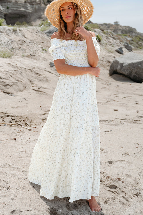 White Frilly Shirred Bodice Tiered Floral Maxi