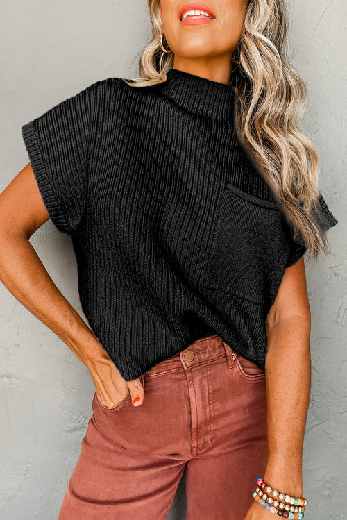 Black Patch Pocket Ribbed Knit Short Sleeve