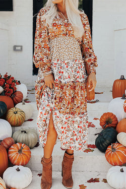 Khaki Floral Print Ruffled Tiered Long Sleeve V Neck Midi