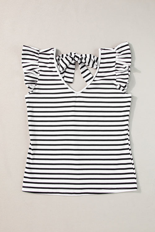 White Stripe V Neck Knotted Backless Ruffle