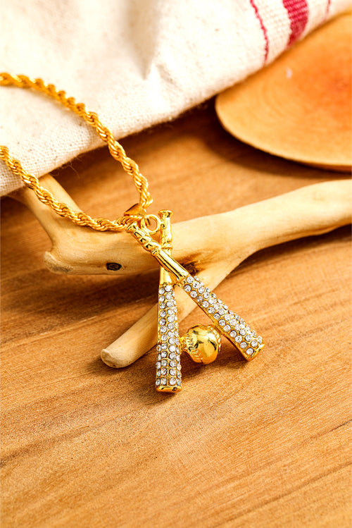 Gold Rhinestone Baseball Bat Pendant Necklace