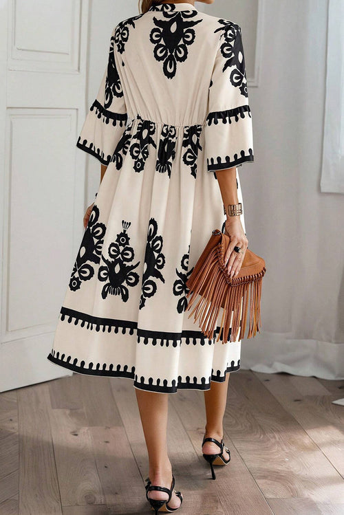 Beige Western Geometric Print 3/4 Sleeve Loose Midi