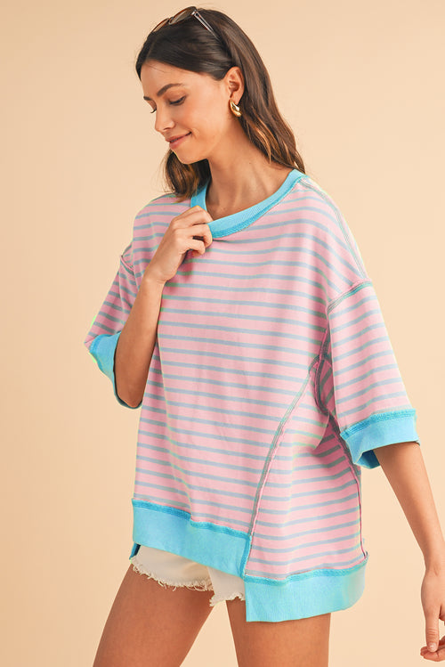 Sky Blue Stripe Contrast Drop Sleeve Loose