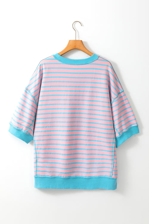 Sky Blue Stripe Contrast Drop Sleeve Loose