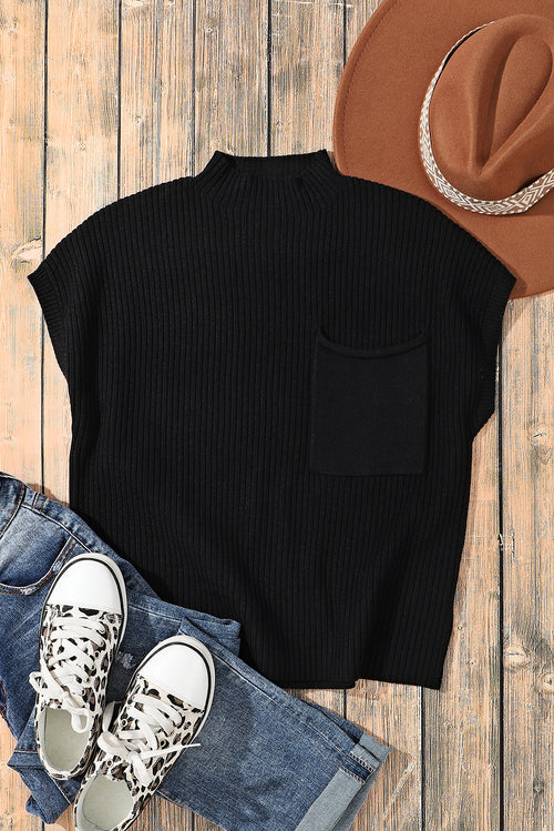 Black Patch Pocket Ribbed Knit Short Sleeve