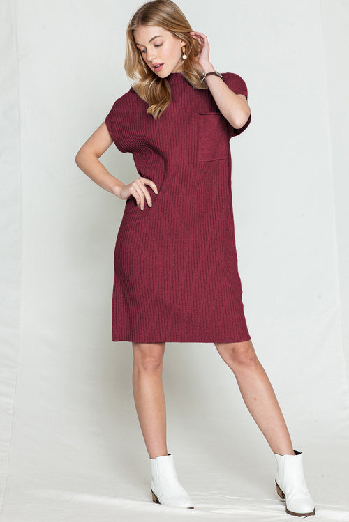 Blackish Green Patch Pocket Knit Short Sleeve Sweater Dress