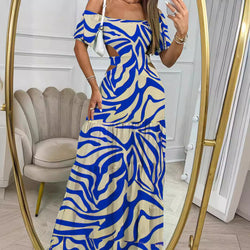 Printed One-line Collar Short-sleeved Long Dress With Hollow Waist