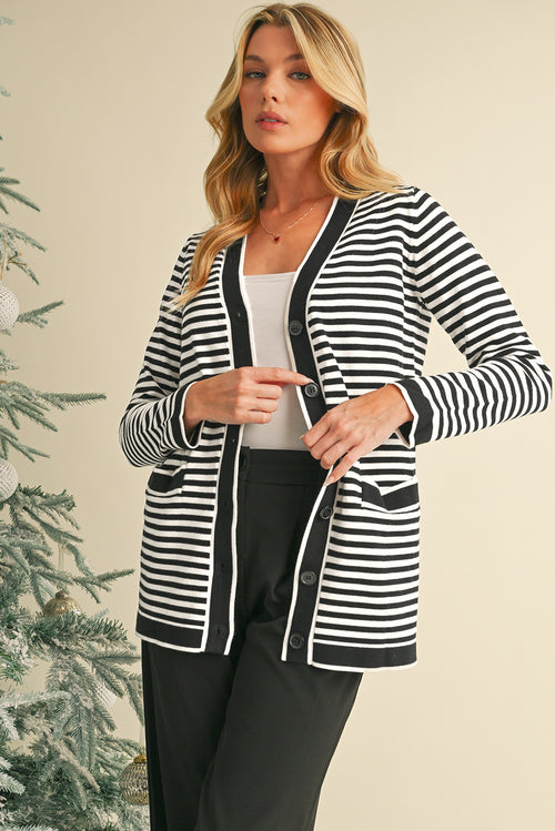 Black Striped Pocketed Button Long Cardigan