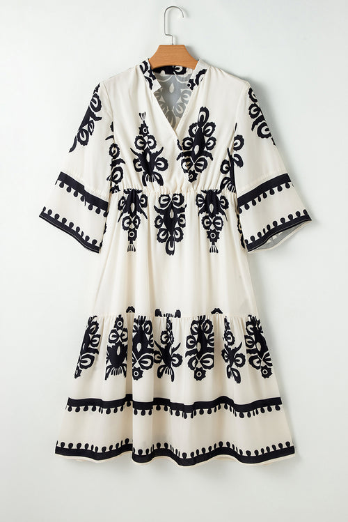 Beige Western Geometric Print 3/4 Sleeve Loose Midi