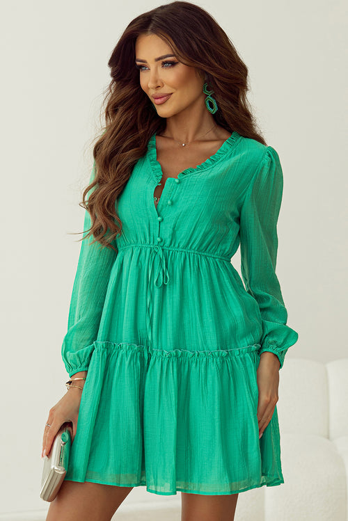 Sea Green Frilly V Neck Puff Sleeve Drawstring Shift Mini