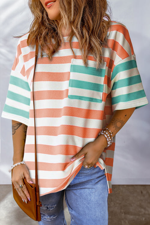 Pink Stripe Patch Pocket Drop Sleeve Slits