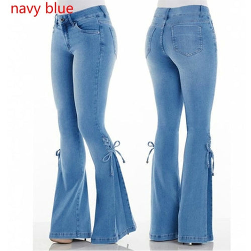 Women Jeans Mid Waist Lace up Denim Pants Stretch Jeans