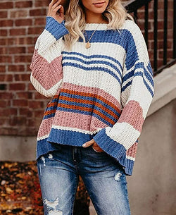 Autumn Winter Women Loose Pullover Patchwork Thick Knitwear Striped Sweater