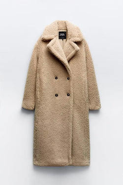 Autumn Winter Women Clothing Collared Thickening Mid Length Lamb Wool Long Overcoat Outerwear