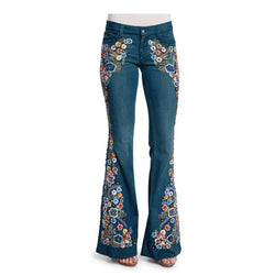 Women Jeans Embroidered Slim Fit Slimming Washed Bell-Bottom Pants Jeans for Women