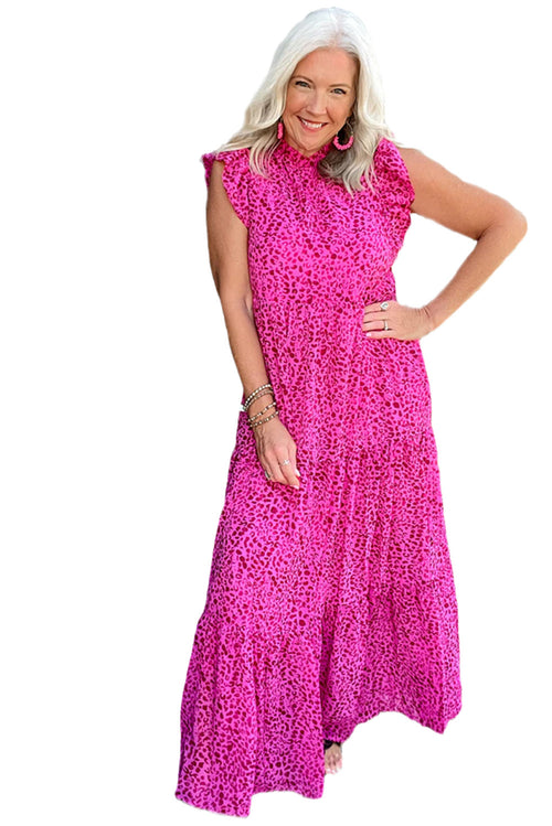 Rose Red Leopard Print Ruffle Sleeveless Maxi