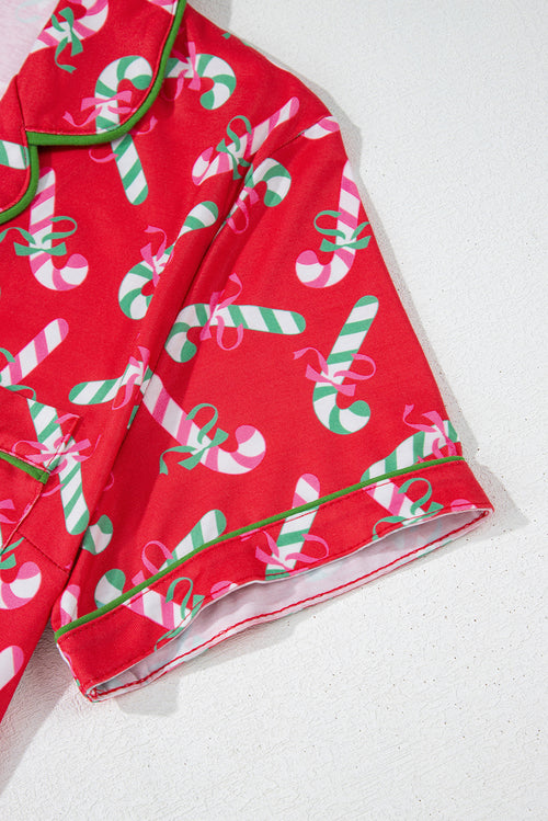 Candy Cane Print Pocketed Knotted Pajama Set