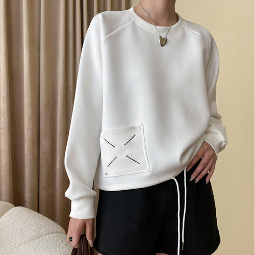 Tone Embroidery Drawstring Loose round Neck Raglan Sleeves Casual Sweatshirt