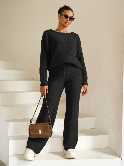 Autumn Winter Solid Color Women round Neck Long Sleeve Trousers Thick Warm Sets