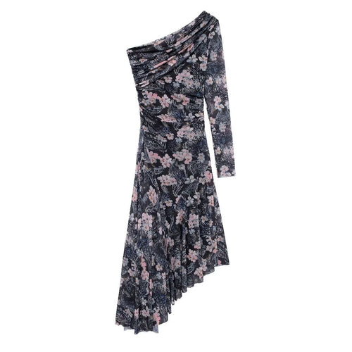 Autumn Women Elegant Asymmetric Printing Silk Net Dress