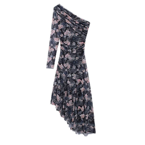 Autumn Women Elegant Asymmetric Printing Silk Net Dress