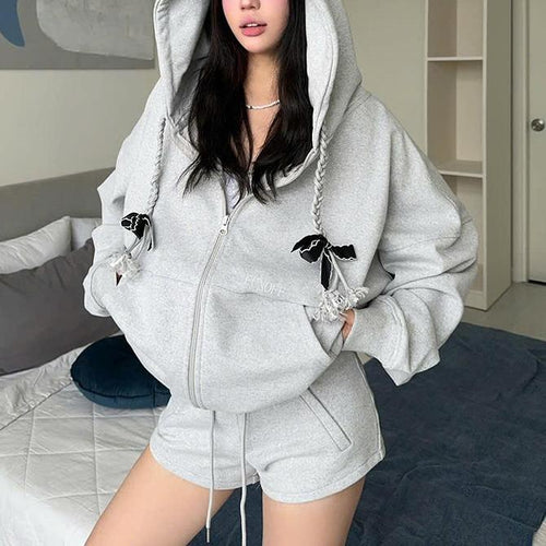 Simple Gray Twist Braid Drawstring Adjustable Hooded Sweater Girl Loose Zipper Coat