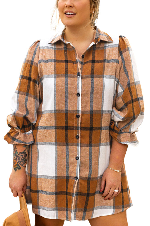 Khaki Plus Size Plaid Flounce Sleeve Button up