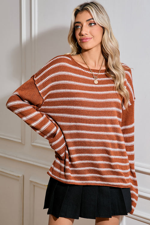 Green Stripe Casual Stripe Round Neck Drop Shoulder Sweater