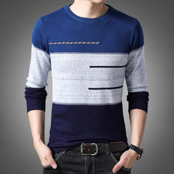 Winter Pullover Men Round Collar Striped Cotton Sweaters Slim Fit Pull Homme Knitwear