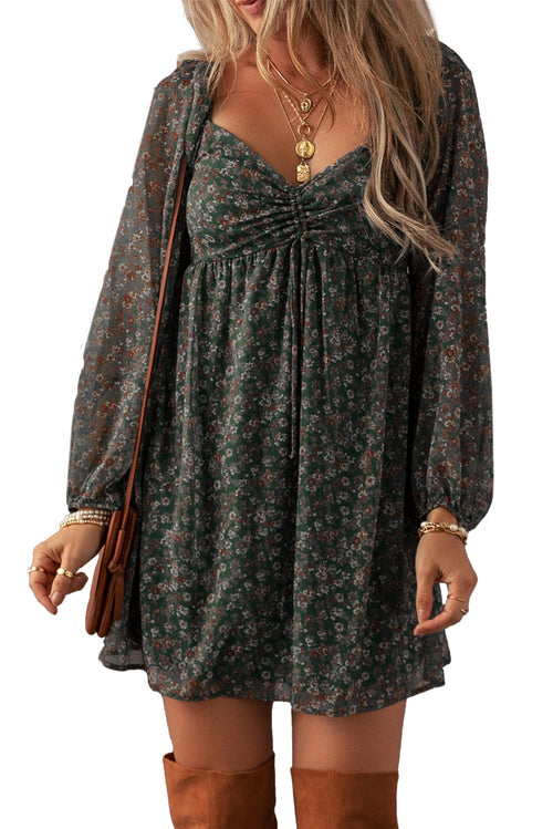 Green Floral Print Sweetheart Neck Shirred Back Mini