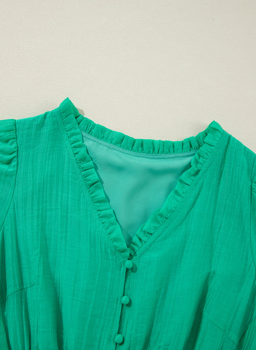 Sea Green Frilly V Neck Puff Sleeve Drawstring Shift Mini