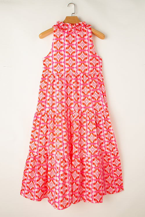 Pink Abstract Print Frill Split Neck Tiered Maxi Dress