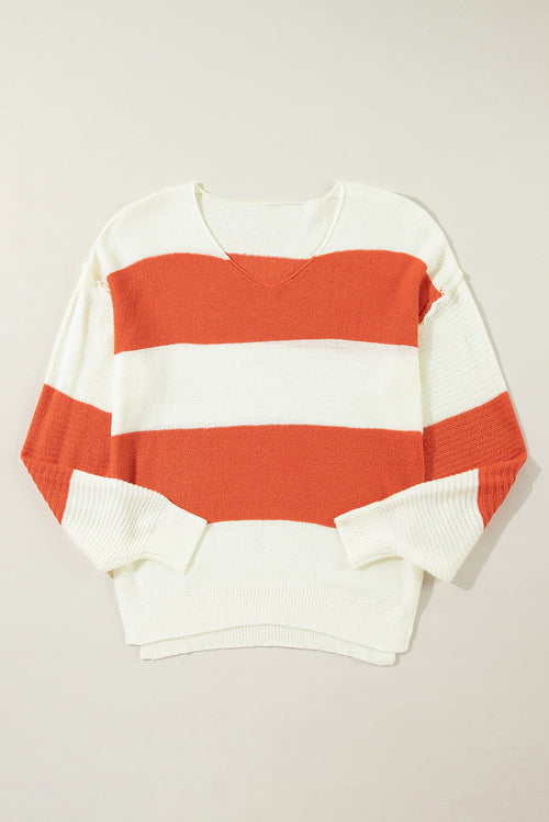 Orange Colorblock V Neck Side Slits Sweater