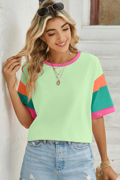 Green Color Block Sleeve Round Neck Oversize