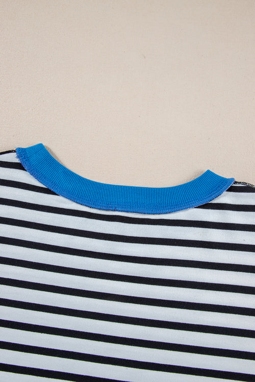 Sky Blue Stripe Contrast Drop Sleeve Loose