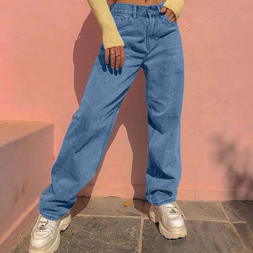Women High Waist Loose Pocket Blue Solid Color Print Wide Jeans