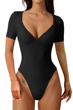 Short Sleeve V Neck Body Suits Seamed Cup