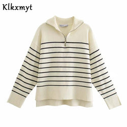 Klkxmyt Za Sweaters Women Fashion Stripe Loose Zipper Knitting Sweaters Vintage Long Sleeve Asymmetry Female Pullover Tops