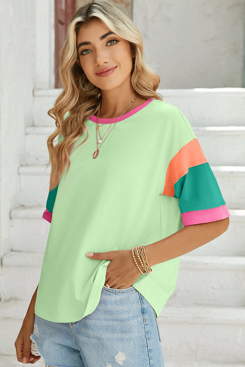 Green Color Block Sleeve Round Neck Oversize