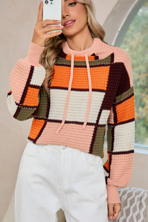 Orange Color Block Waffle Knit Drawstring Mock Neck Sweater