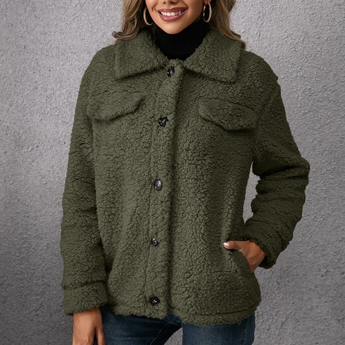 Lapel Single-breasted Fleece Coat Winter Warm Button Pocket Short Jacket Top Women Clothing