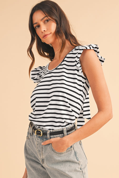 White Stripe V Neck Knotted Backless Ruffle